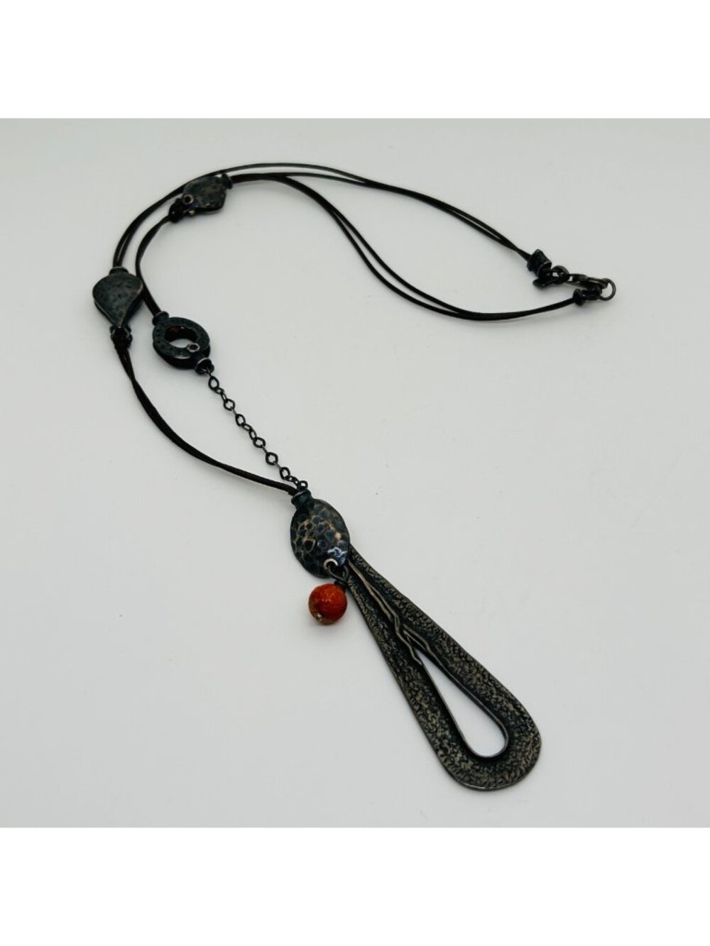 Silpada "Earth Mother" Necklace Sterling Silver Red Stone Teardrop Leather Cord
